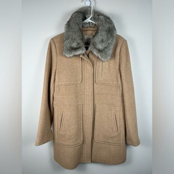 LOFT Women’s Camel Wool Blend Faux Fur Collar Long Pea Coat Size Large EUC - Picture 1 of 7